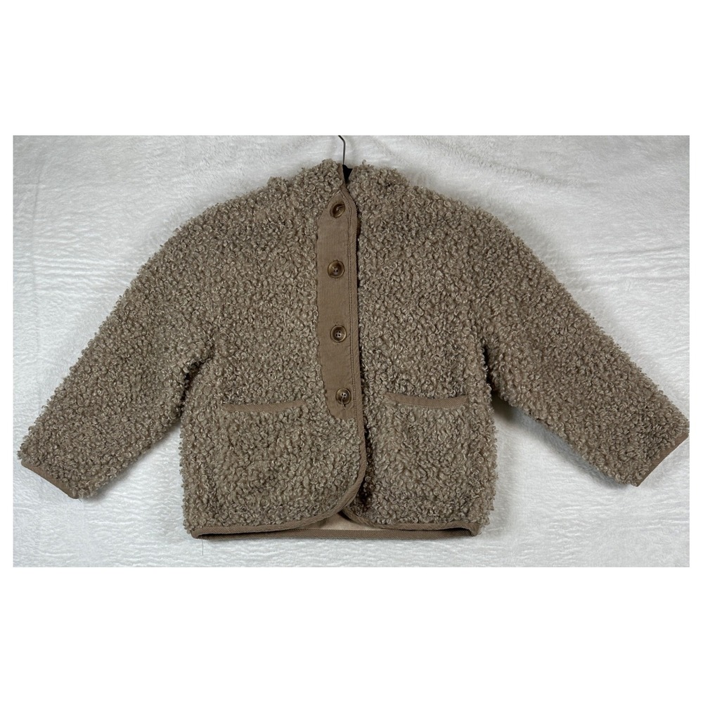 Zara Sherpa Faux Fur Jacket Kids Size 5 Taupe Brown Button Front Pocket